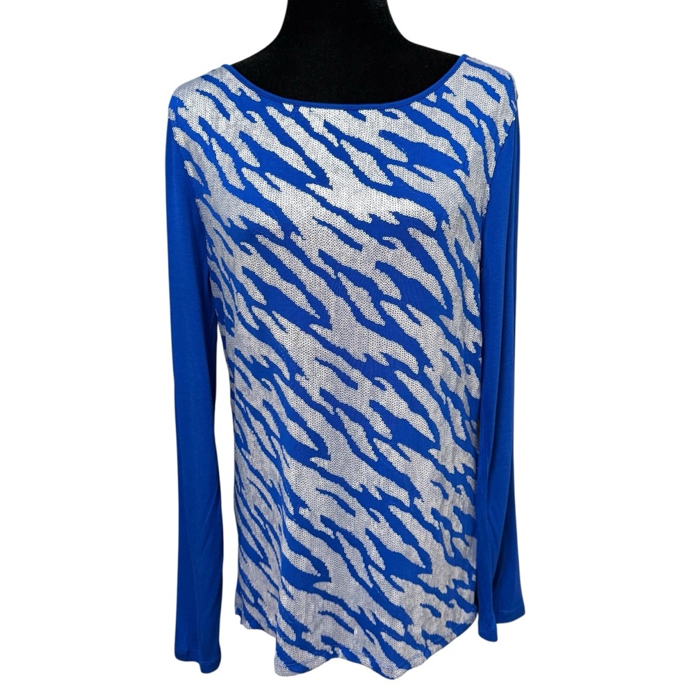 Jones New York Signature Blue Sequin Animal Print Long Sleeve Top Large